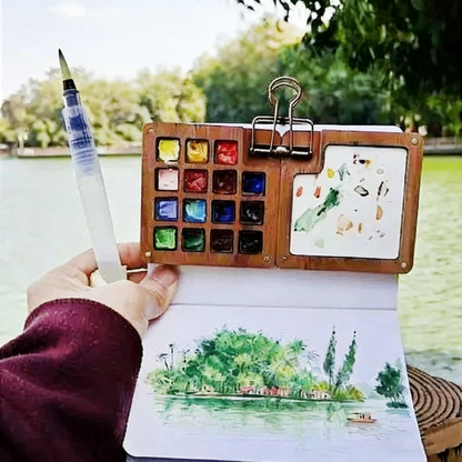 Walnut Mini Foldable Watercolor Palette - Portable Travel Paint Box for Outdoor Sketching