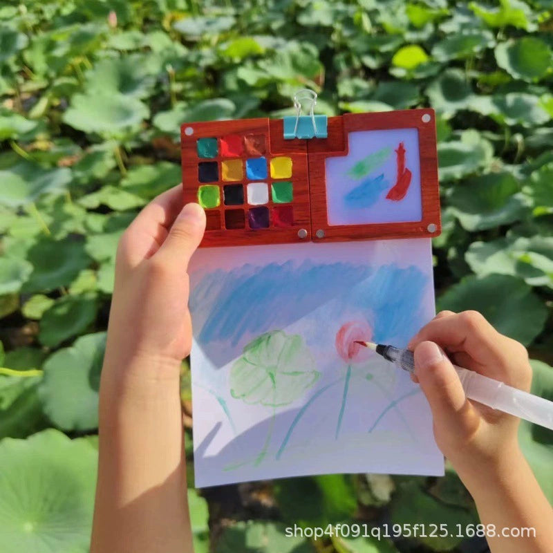 Walnut Mini Foldable Watercolor Palette - Portable Travel Paint Box for Outdoor Sketching