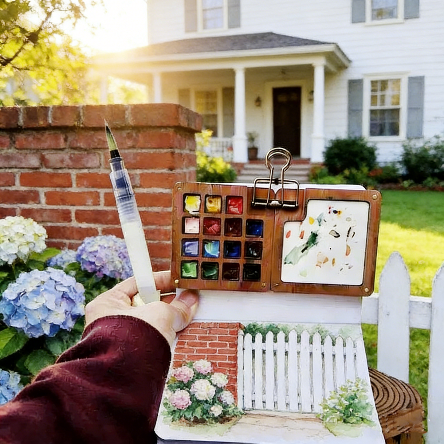 Walnut Mini Foldable Watercolor Palette - Portable Travel Paint Box for Outdoor Sketching