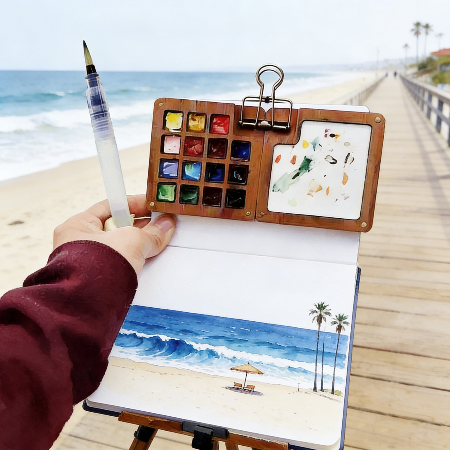 Walnut Mini Foldable Watercolor Palette - Portable Travel Paint Box for Outdoor Sketching