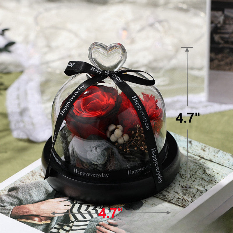 4 Pcs Preserved Rose in Glass Dome with LED Light and Keychain Rings Valentine's Day Gift Set