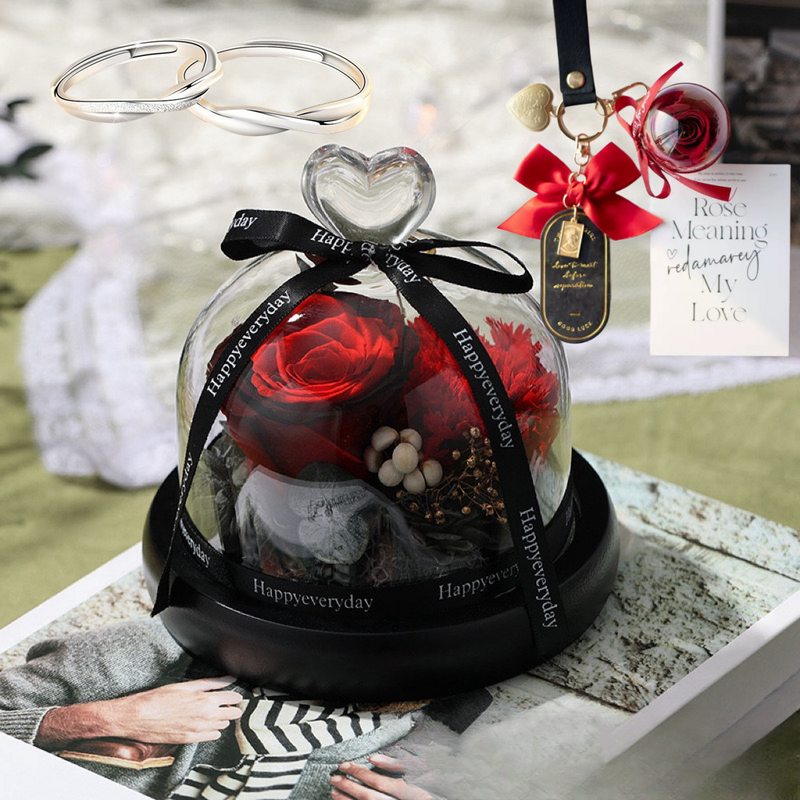 4 Pcs Preserved Rose in Glass Dome with LED Light and Keychain Rings Valentine's Day Gift Set