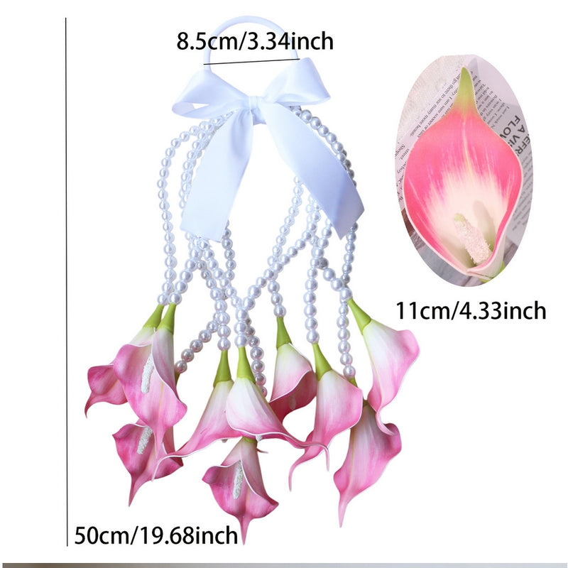 Wedding Bridal Calla Lily Bouquet, Artificial Pink Flowers with Pearl Strands