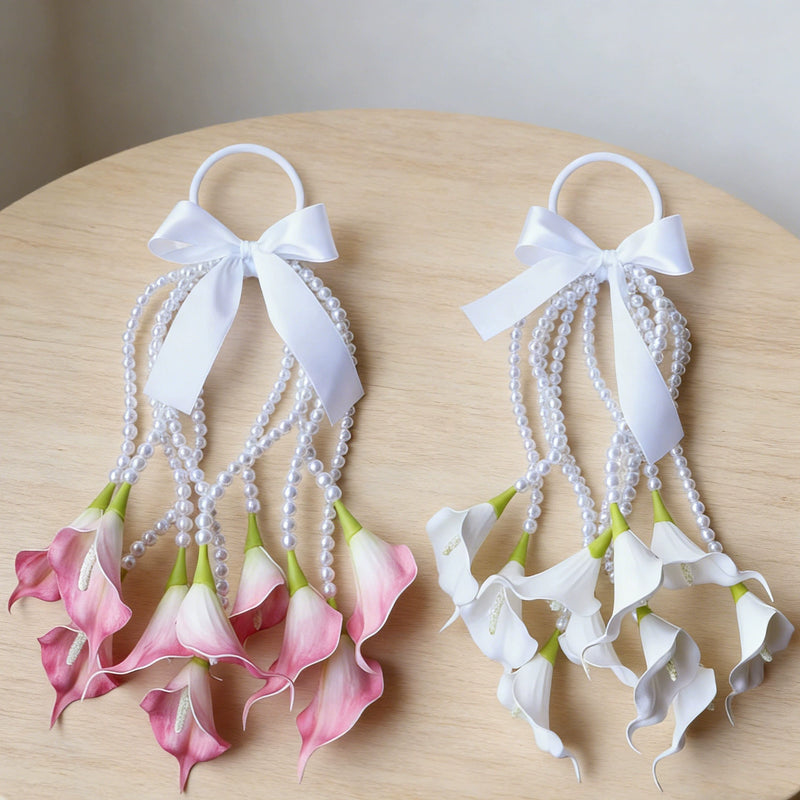 Wedding Bridal Calla Lily Bouquet, Artificial Pink Flowers with Pearl Strands