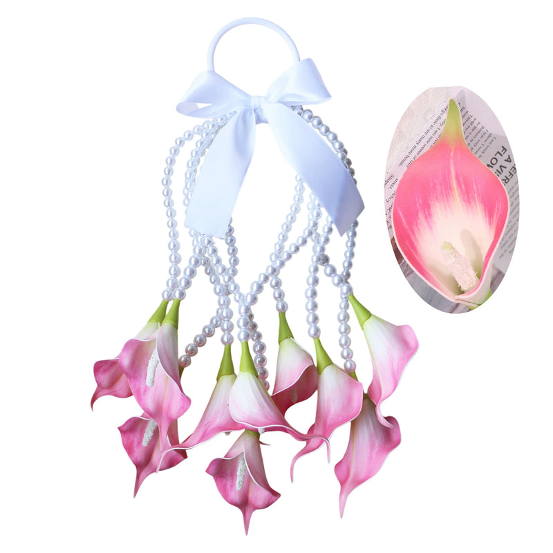 Wedding Bridal Calla Lily Bouquet, Artificial Pink Flowers with Pearl Strands