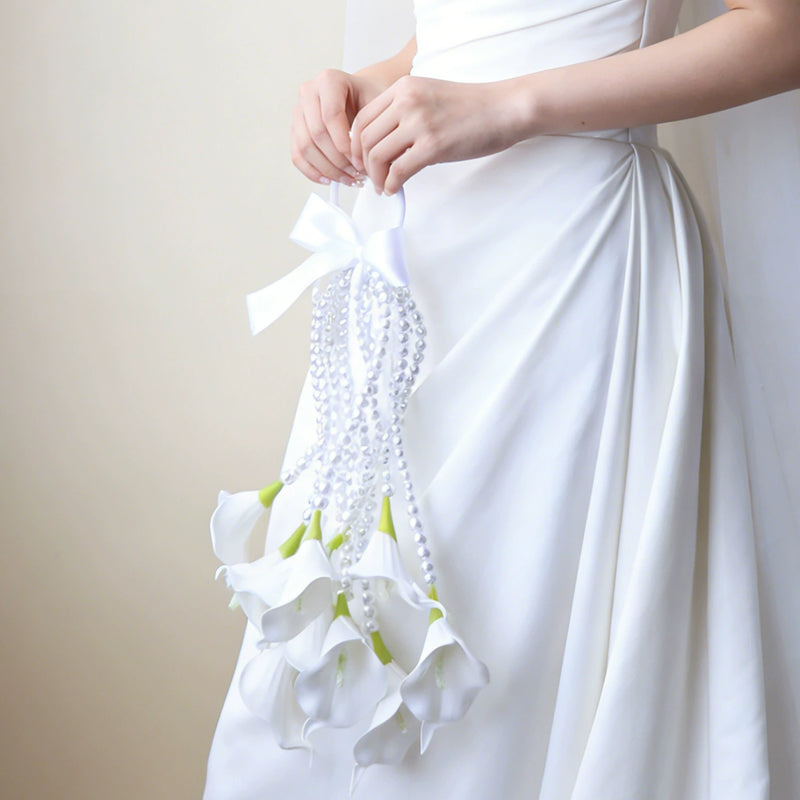 Wedding Bridal Calla Lily Bouquet, Artificial Pink Flowers with Pearl Strands