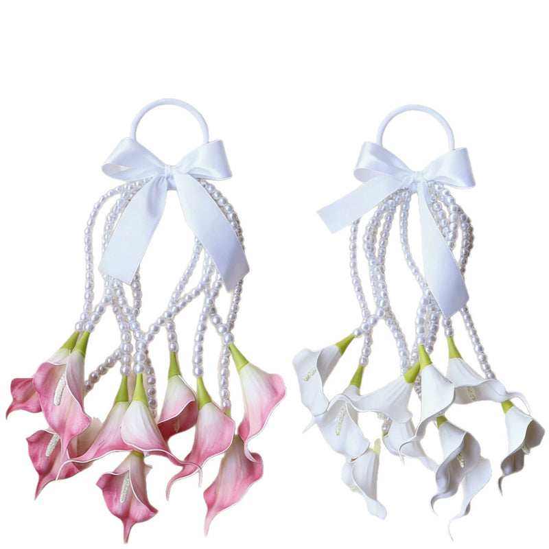 Wedding Bridal Calla Lily Bouquet, Artificial Pink Flowers with Pearl Strands