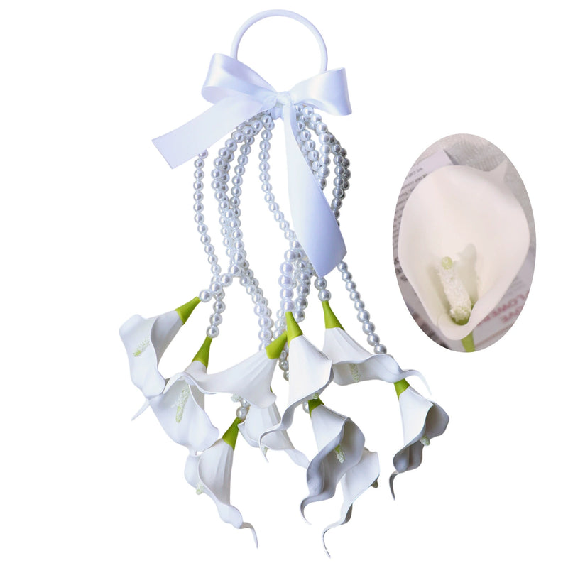 Wedding Bridal Calla Lily Bouquet, Artificial Pink Flowers with Pearl Strands