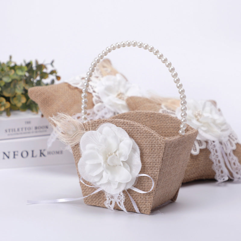 Bulk Artificial Flower Girl Basket with Pearl Handle, White, 10 Inch, Wholesale Pack