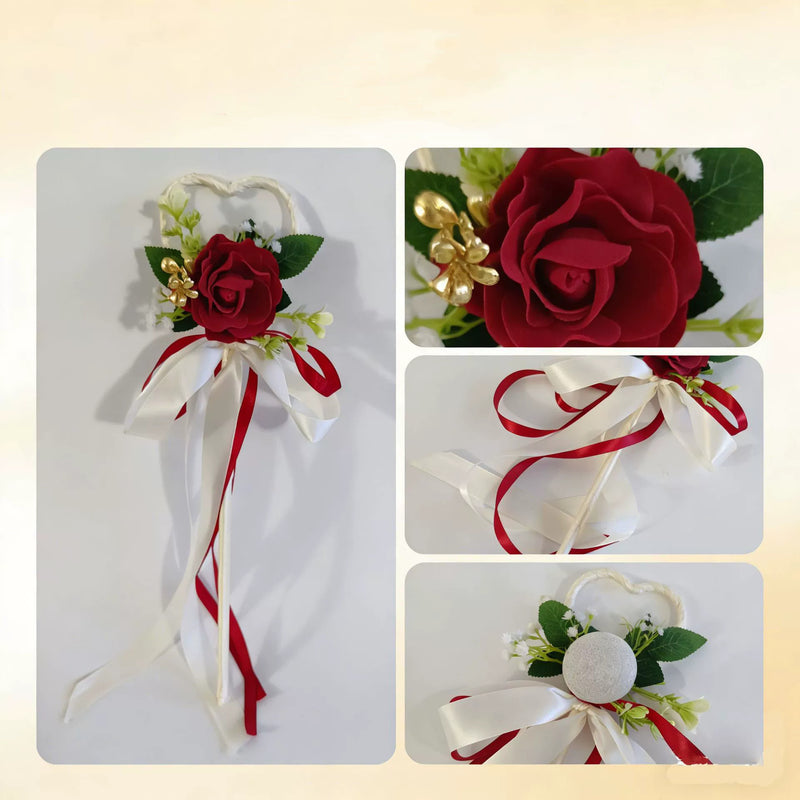 Wedding Flower Girl Wand, Artificial Rose Scepter with Ribbons for Ceremonies