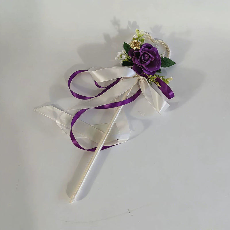 Wedding Flower Girl Wand, Artificial Rose Scepter with Ribbons for Ceremonies