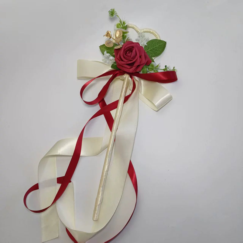 Wedding Flower Girl Wand, Artificial Rose Scepter with Ribbons for Ceremonies