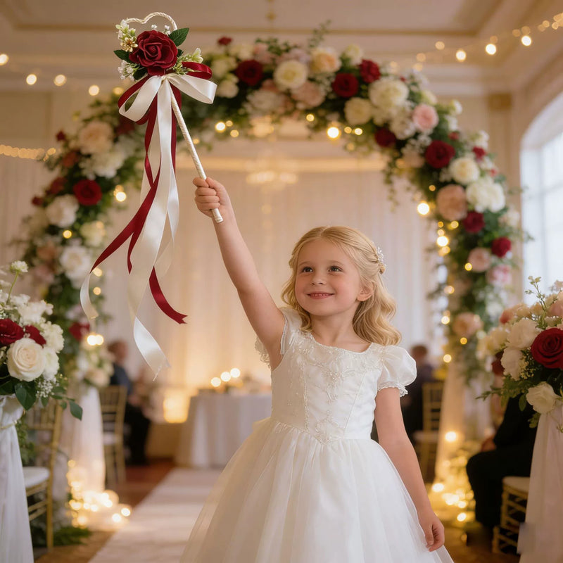 Wedding Flower Girl Wand, Artificial Rose Scepter with Ribbons for Ceremonies