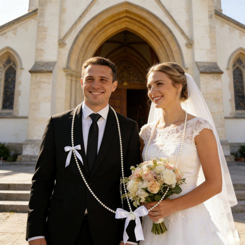 Wedding Lasso with White Satin Bow & Pearl Strands for Church Ceremonies