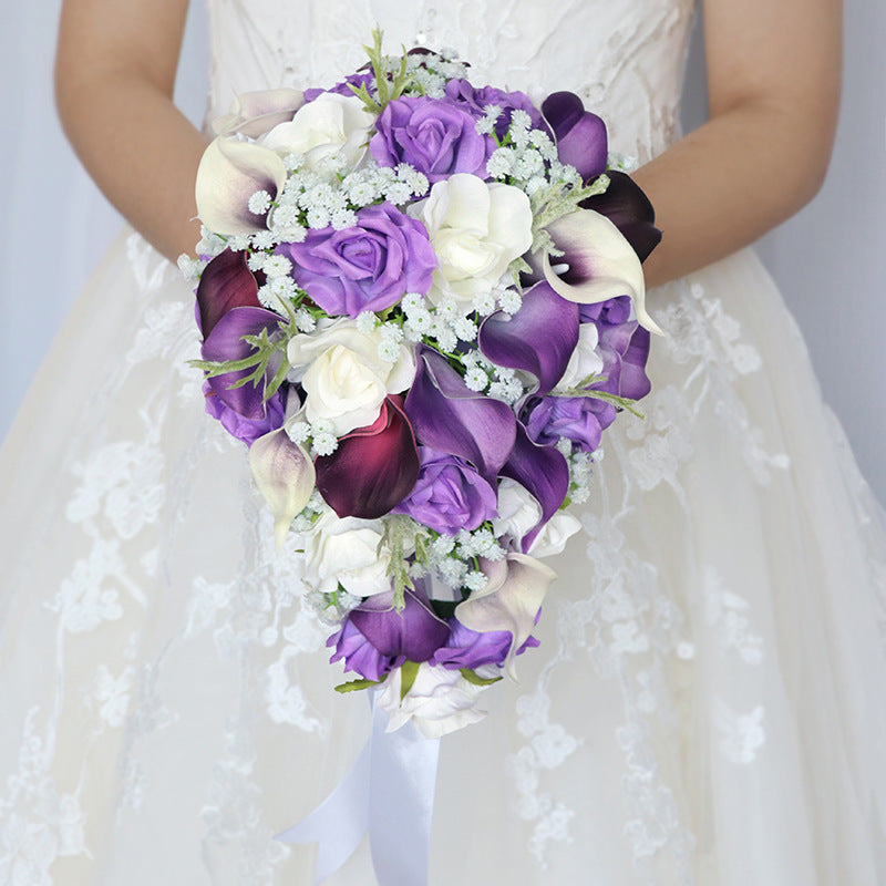 9 Inch Artificial Calla Lily and Baby's Breath Cascading Bridal Bouquet, Bulk Wedding Flowers