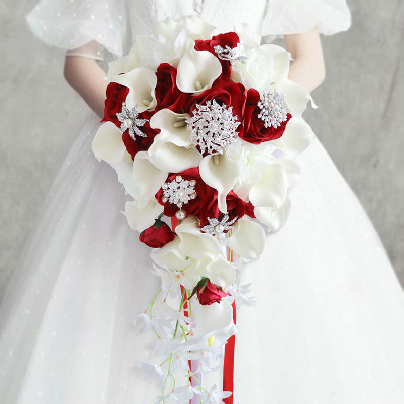 9 Inch Artificial Calla Lily Rose Cascading Wedding Bouquet with Crystals, Bulk Quantity
