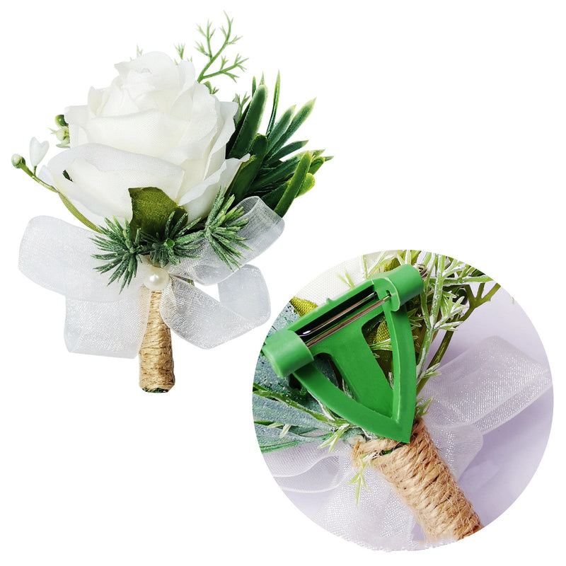 White Rose Boutonniere with White Beads Handmade Artificial Flower Accessory