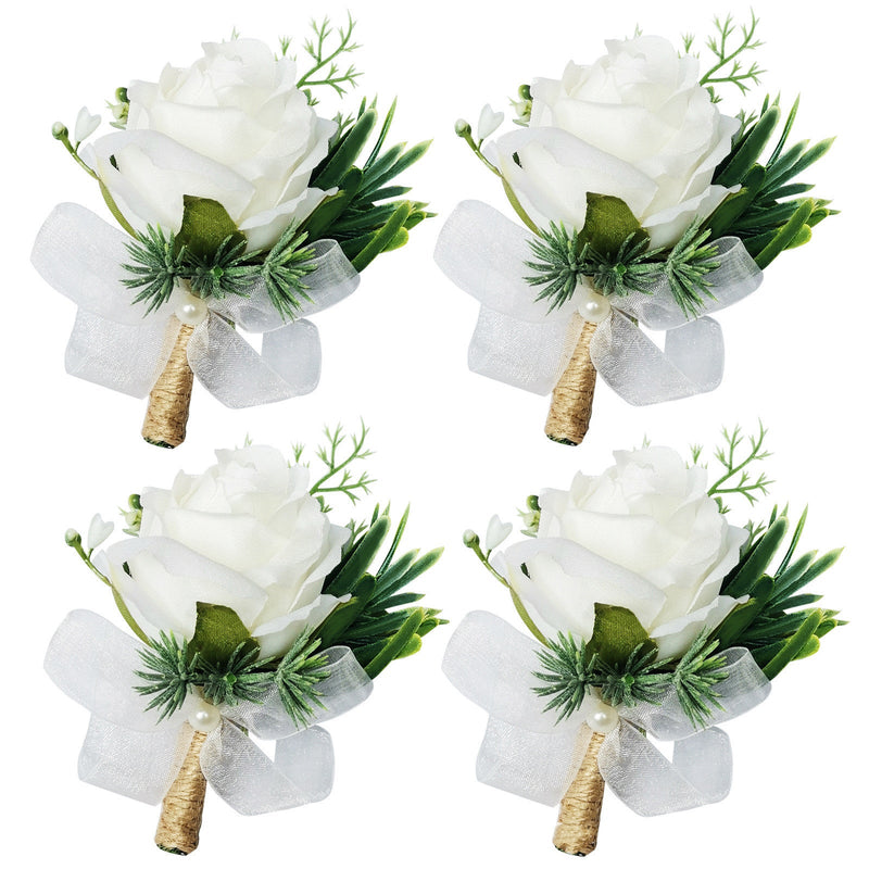 White Rose Boutonniere with White Beads Handmade Artificial Flower Accessory