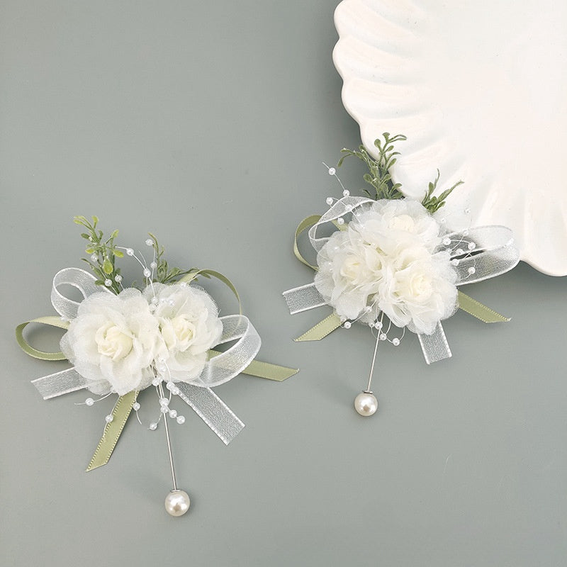 Ivory Blush Artificial Silk Wrist Corsage and Boutonniere Set for Wedding - Bulk Quantity