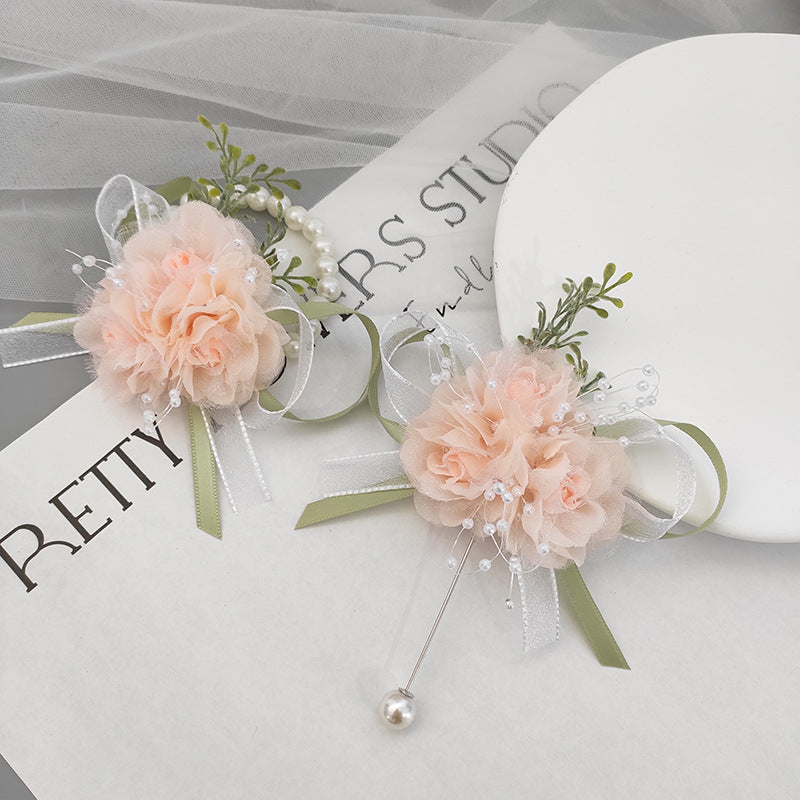 Ivory Blush Artificial Silk Wrist Corsage and Boutonniere Set for Wedding - Bulk Quantity