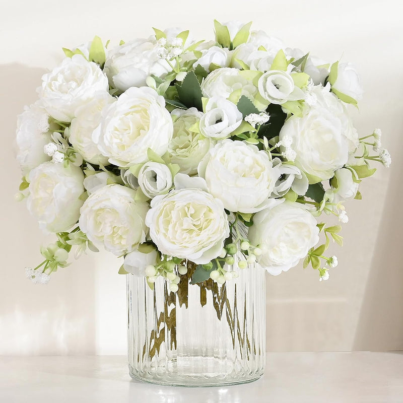 2 Pcs White Artificial Silk Peony Flowers Bouquet for Wedding Table Centerpiece