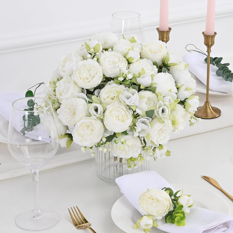 2 Pcs White Artificial Silk Peony Flowers Bouquet for Wedding Table Centerpiece