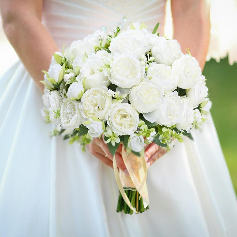 2 Pcs White Artificial Silk Peony Flowers Bouquet for Wedding Table Centerpiece