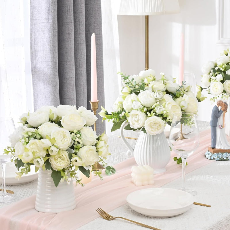 2 Pcs White Artificial Silk Peony Flowers Bouquet for Wedding Table Centerpiece