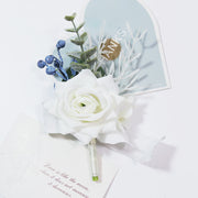 Bulk 12 Pcs White Ivory Eucalyptus Boutonniere with Greenery Artificial Silk Flowers