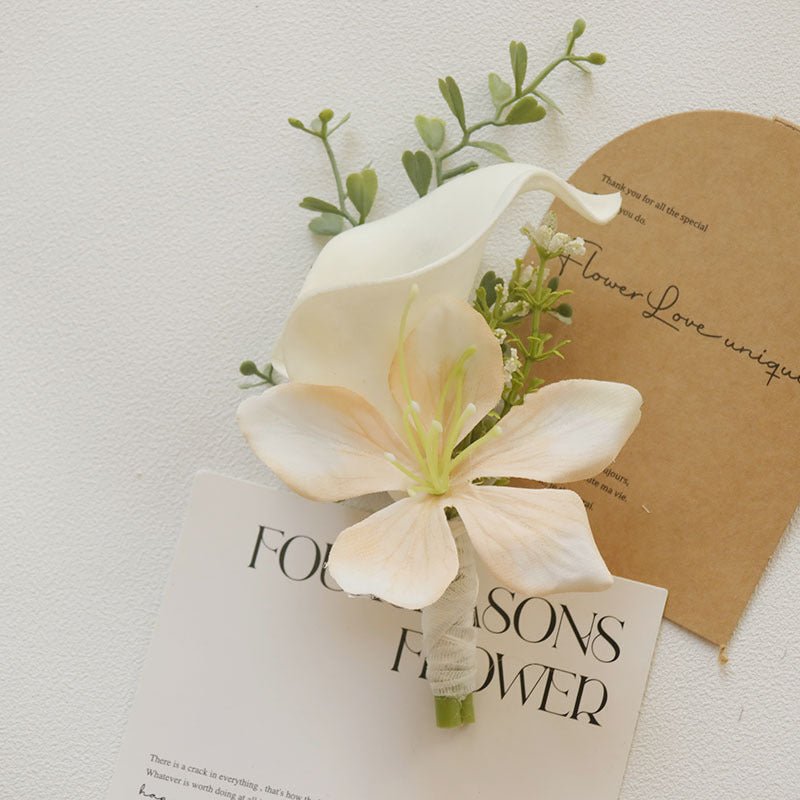 10 Pcs Artificial Calla Lily, Tulip & Orchid Boutonnieres and Corsages, White and Champagne, Silk Flowers