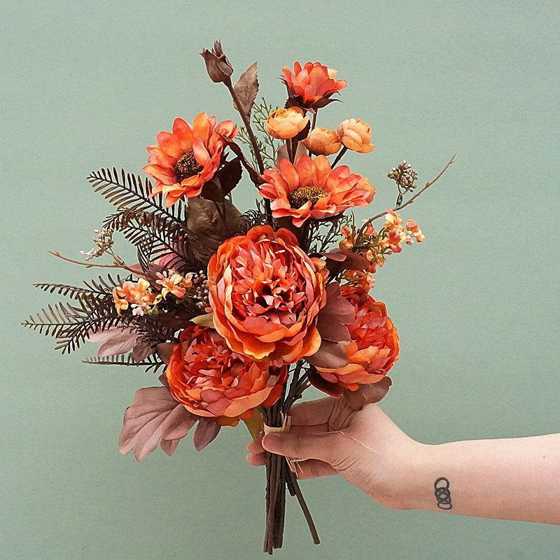 18 Inch Fall Floral Bouquet 18 Stems Mixed Peony Sunflower Silk Flowers Arrangement