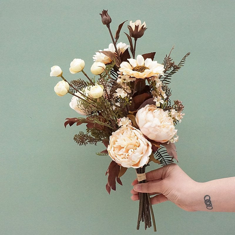18 Inch Fall Floral Bouquet 18 Stems Mixed Peony Sunflower Silk Flowers Arrangement