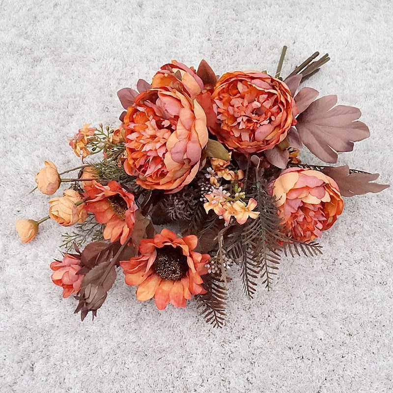 18 Inch Fall Floral Bouquet 18 Stems Mixed Peony Sunflower Silk Flowers Arrangement