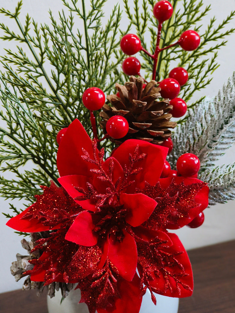 Christmas Red Poinsettia Floral Arrangement with Glitter Accent, Artificial Holiday Decor