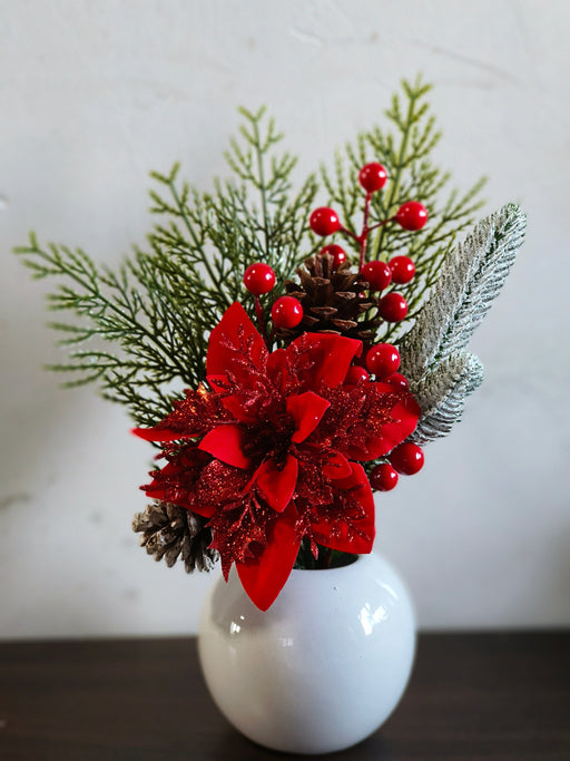 Christmas Red Poinsettia Floral Arrangement with Glitter Accent, Artificial Holiday Decor