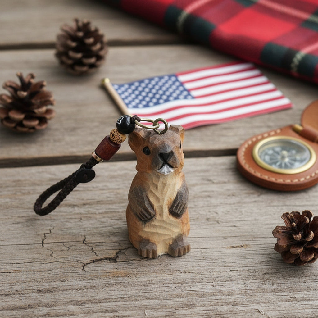 Wood Carved Marmot Decor & Keychain – 2 Styles (2.1” Tall) Handmade Animal Figurine