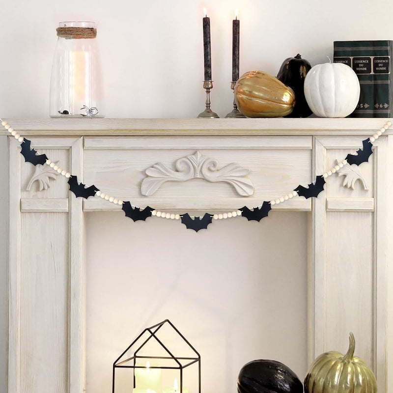 4.6 Ft Halloween Wood and Felt Bat Garland Banner, Bulk Bead Decoration