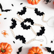 4.6 Ft Halloween Wood and Felt Bat Garland Banner, Bulk Bead Decoration