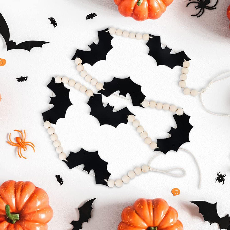 4.6 Ft Halloween Wood and Felt Bat Garland Banner, Bulk Bead Decoration