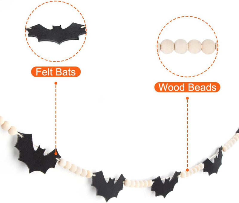 4.6 Ft Halloween Wood and Felt Bat Garland Banner, Bulk Bead Decoration