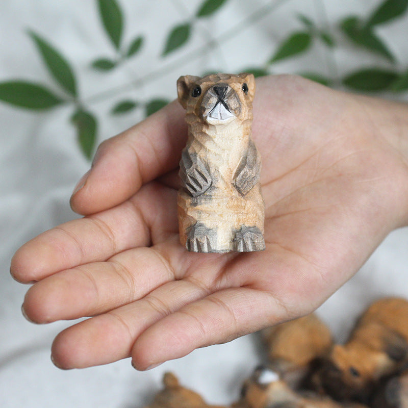Wood Carved Marmot Decor & Keychain – 2 Styles (2.1” Tall) Handmade Animal Figurine
