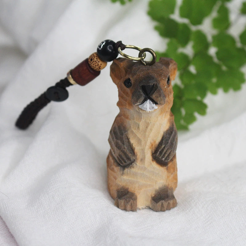 Wood Carved Marmot Decor & Keychain – 2 Styles (2.1” Tall) Handmade Animal Figurine