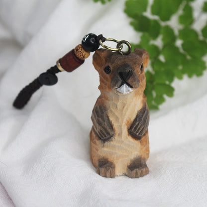 Wood Carved Marmot Decor & Keychain – 2 Styles (2.1” Tall) Handmade Animal Figurine