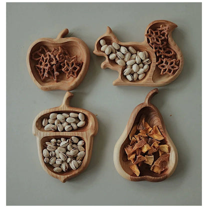 Wooden Animal Snack Trays Set Squirrel, Apple, Acorn, Pear Shapes