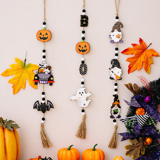 Wooden Bead Garland with Tassel and Pumpkin Tag, Halloween Decoration, Bulk Quantity