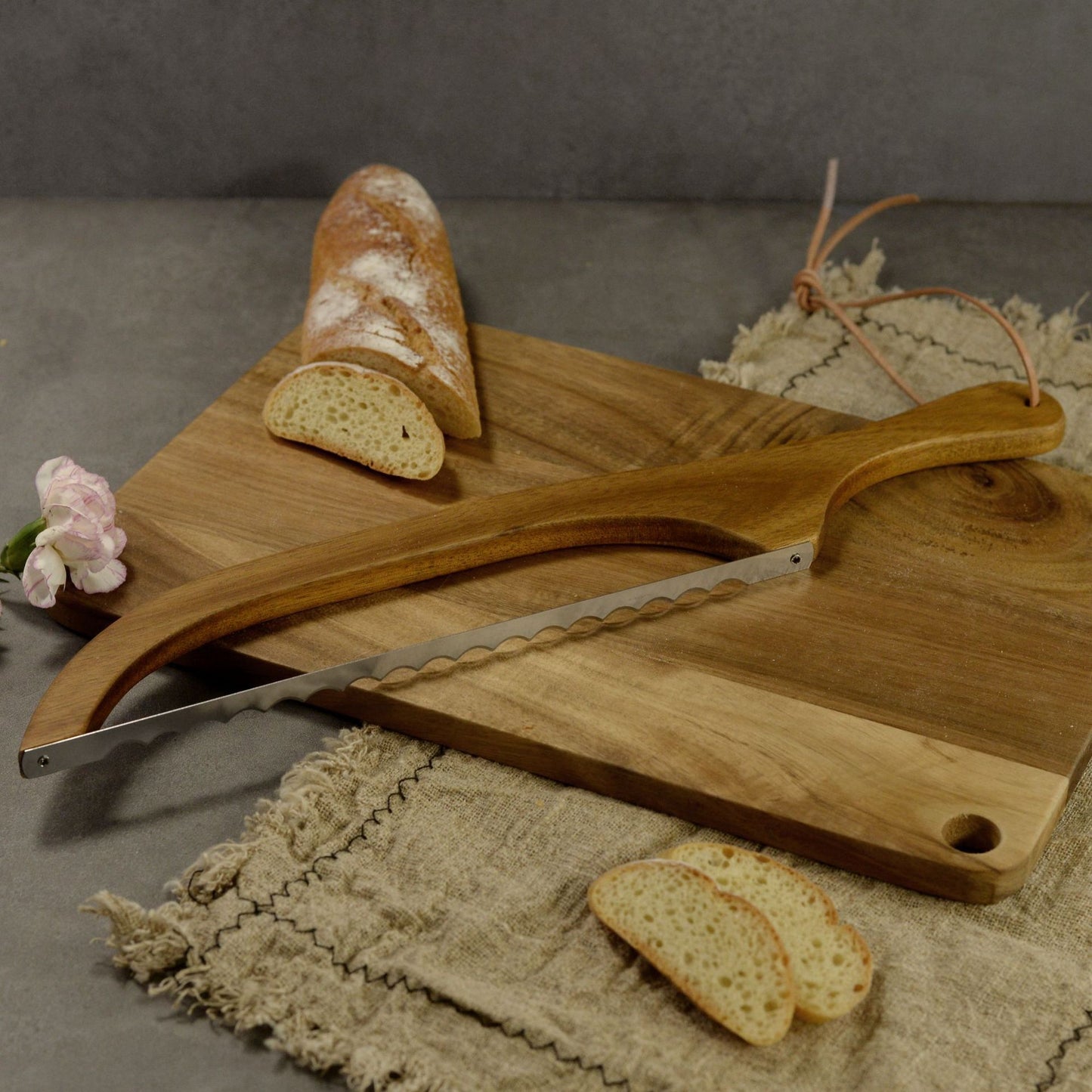 Wooden Bread Knife, 15.75 Inch Serrated Bread Bow Knife for Baguette & Toast, Anti-Bending Wooden Slicing Knife