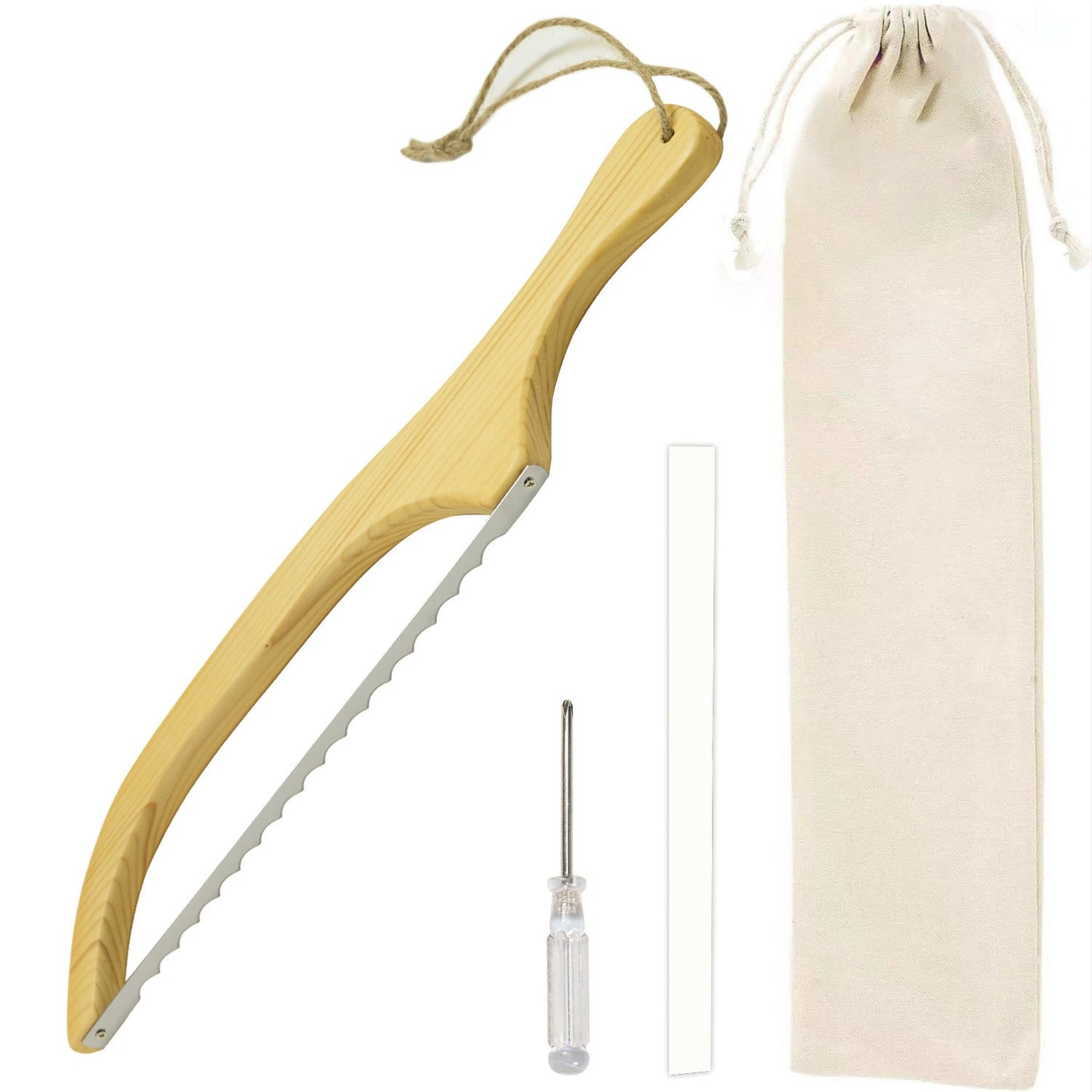 Wooden Bread Knife, 15.75 Inch Serrated Bread Bow Knife for Baguette & Toast, Anti-Bending Wooden Slicing Knife