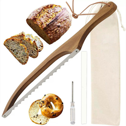 Wooden Bread Knife, 15.75 Inch Serrated Bread Bow Knife for Baguette & Toast, Anti-Bending Wooden Slicing Knife