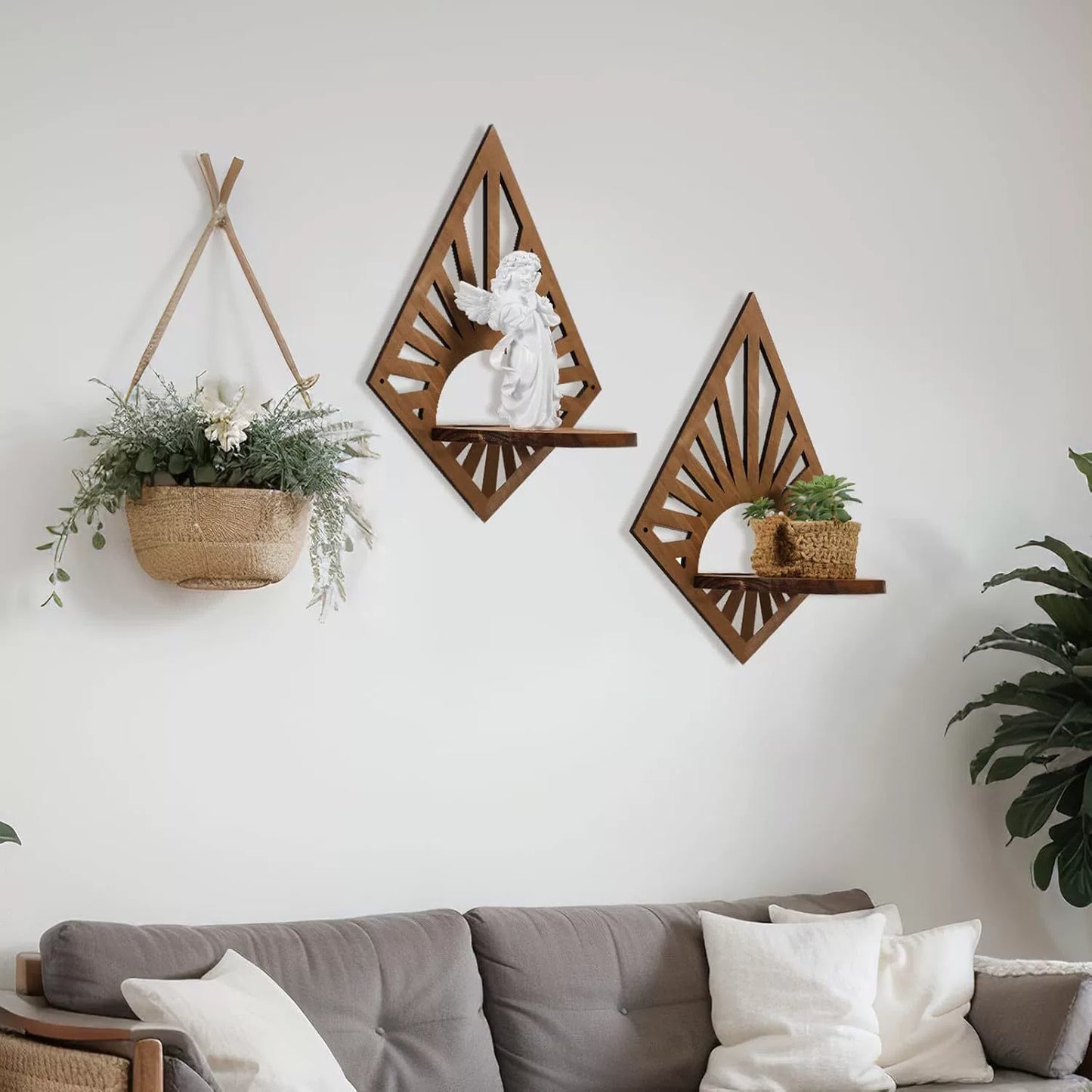Wooden Geometric Floating Shelf - Diamond-Shaped Rustic Pine Wall Decor for Candles & Mini Accents