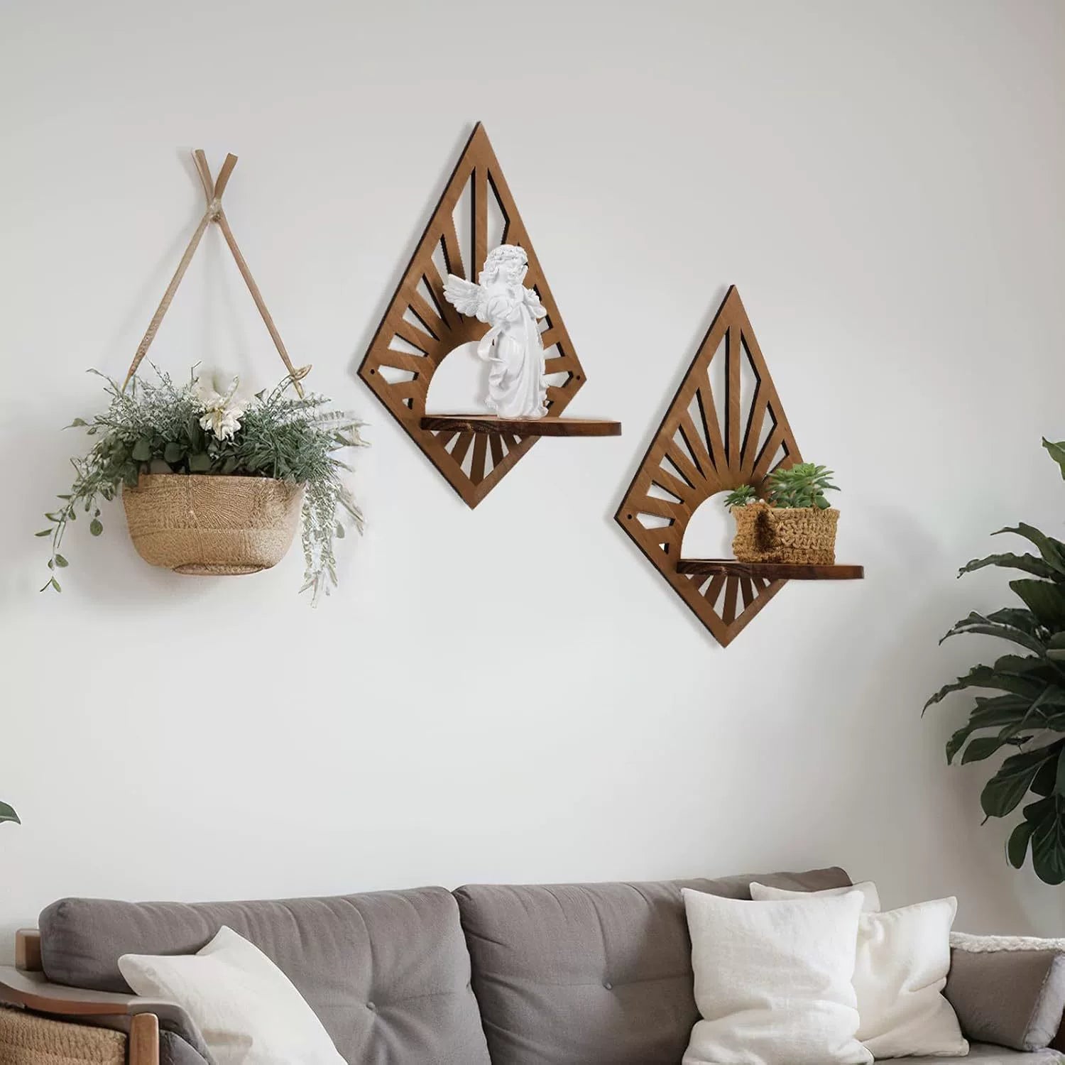 Wooden Geometric Floating Shelf - Diamond-Shaped Rustic Pine Wall Decor for Candles & Mini Accents